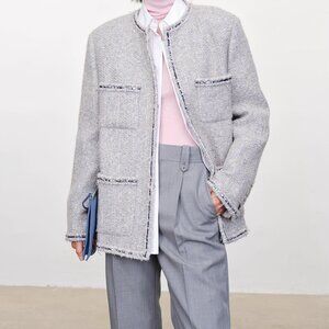 CHICJOC Handwoven Tweed Coat – Moonlight Grey with Night-Sky Sequin Fringe, Size